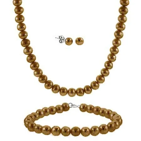 Sterling Silver 5.5-6mm Genuine Freshwater Cultured Brown Pearl Necklace Bracelet & Stud Earring Set - Grocery