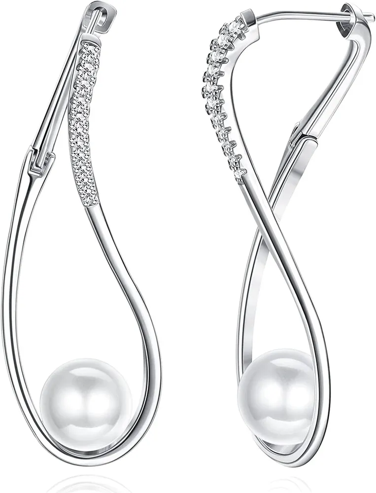 Pearl Hoop Earrings for Women Twist Oval Hoop Earrings with Cubic Zirconia - Grocery