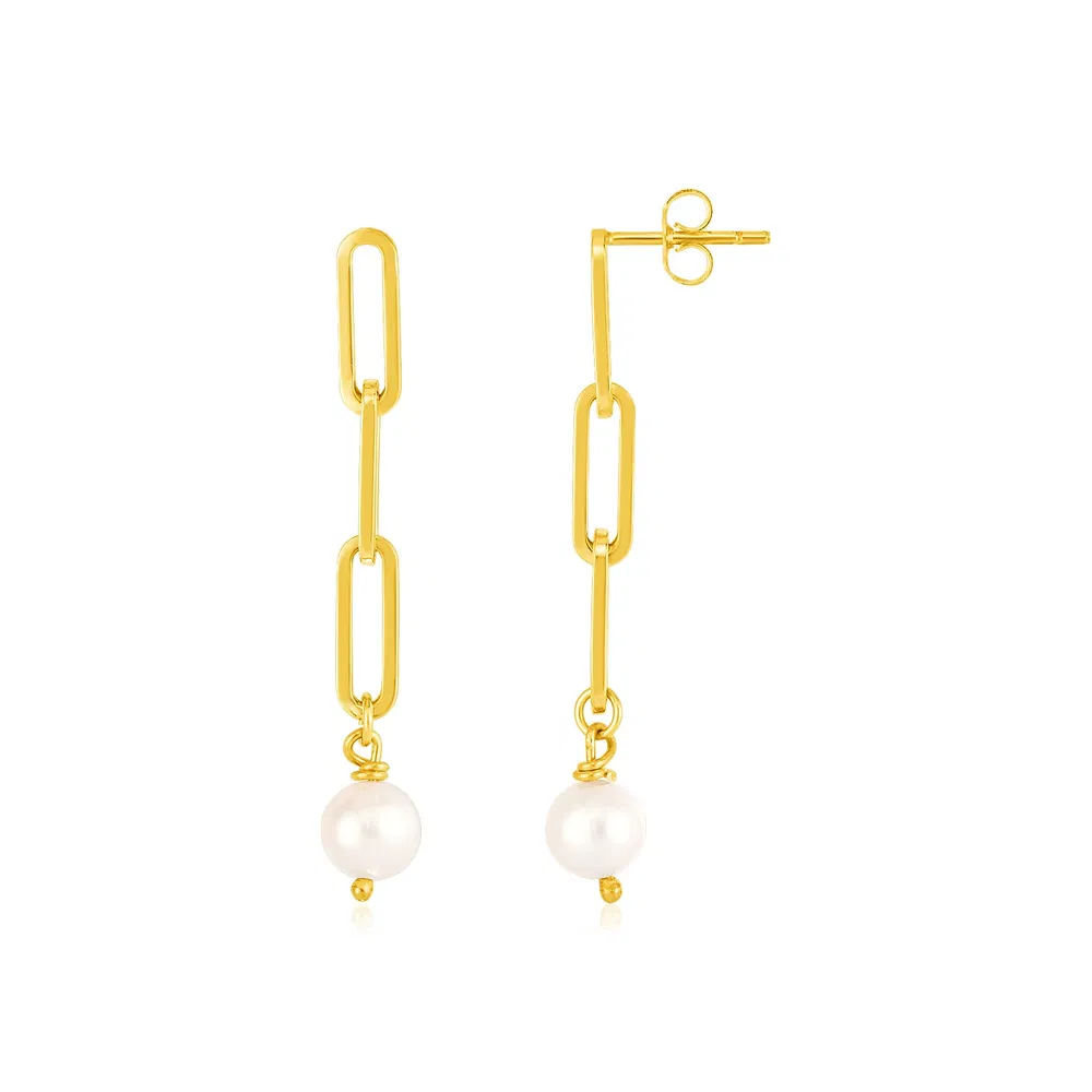 14k Yellow Gold Paperclip Chain Link Earrings with Pearls - Grocery