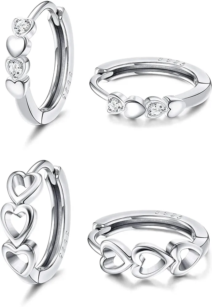 2 Pairs Sterling Cute Hoop Earrings for Women Love Heart Cubic Zirconia Dainty Cartilage Hoops Huggie Earrings for Sensitive Ears - Grocery