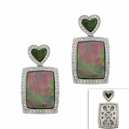 Sterling Silver .925 Genuine Gray Mother of Pearl MOP Stone Inlay Heart Flower Filigree Simulated Diamond cz Pave Dangle Rectangle Earrings - Grocery
