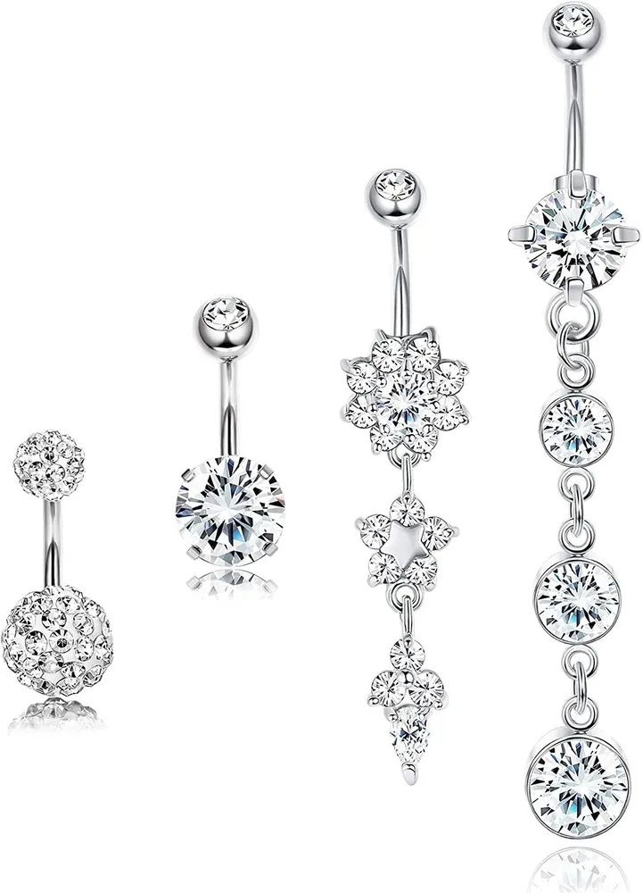 4 Pcs Stainless Steel Dangle Belly Button Rings Navel for Women Curved Barbell Piercing 14G CZ Piercing Set - Grocery