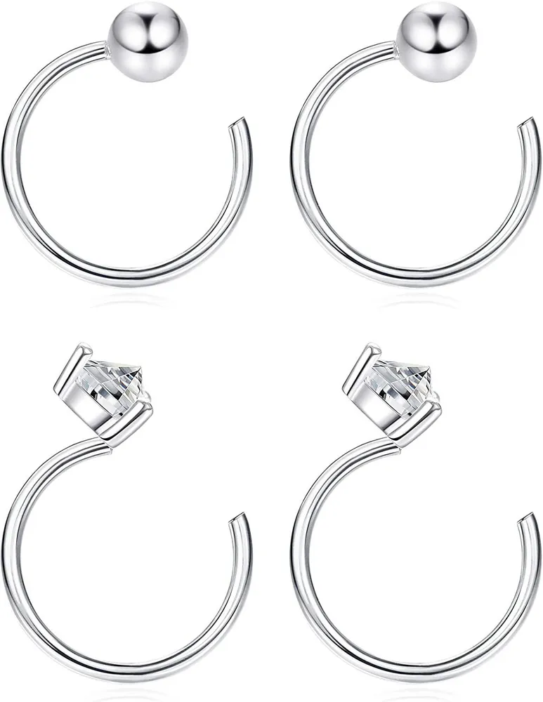 2 Pairs Ball Half Hoop Studs Earrings for Cartilage Women Piercing CZ Earrings Hypoallergenic Body - Grocery