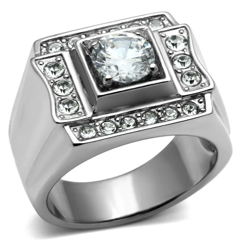 TK593 - High polished (no plating) Stainless Steel Ring with AAA Grade CZ in Clear - Grocery