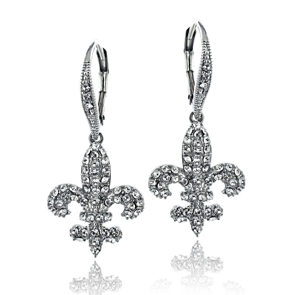 Silver Tone Swarovski Elements Fleur De Lis Leverback Earrings - Grocery