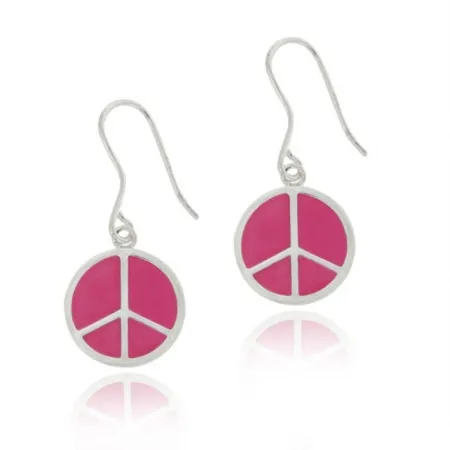Sterling Silver Pink Enamel Peace Sign Dangle Earrings - Grocery