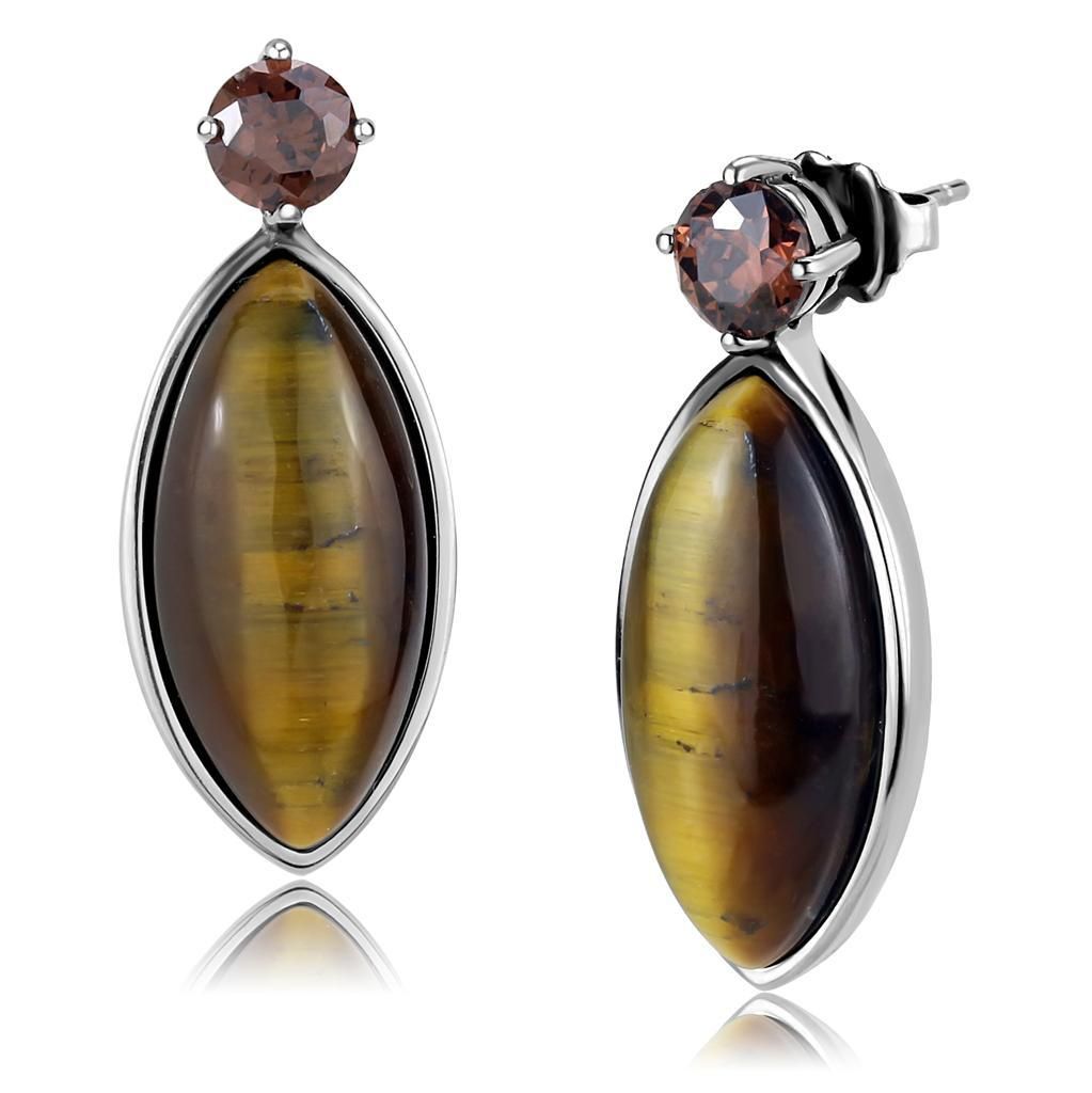 TK3488 - High polished (no plating) Stainless Steel Earrings with Semi-Precious Tiger Eye in Topaz - Grocery