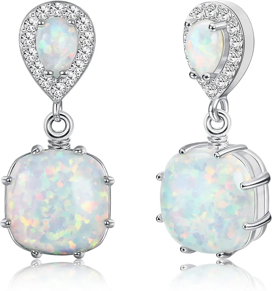 Opal Dangle Earrings Sterling Post Pave 5A Cubic Zirconia Created Opal Halo Drop Dangle Earrings for Women - Grocery