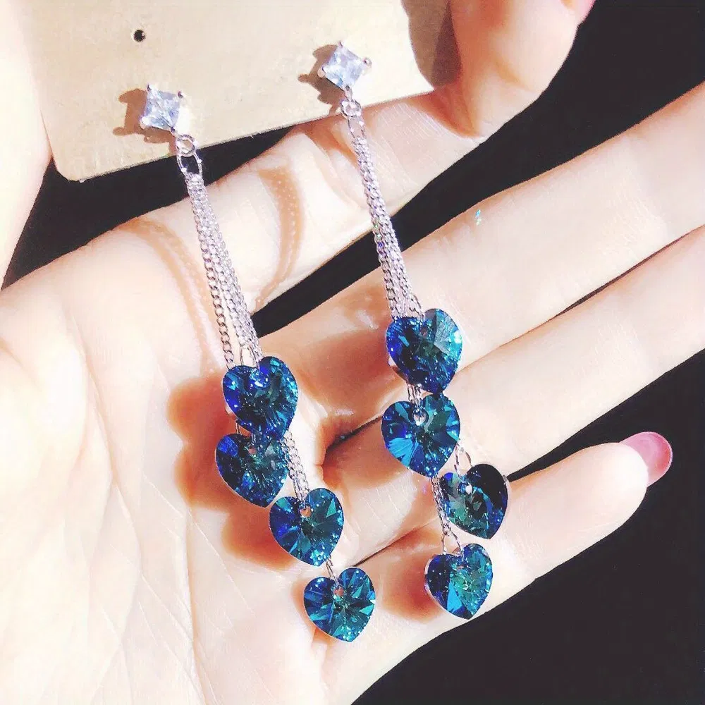 Heart Shape Shiny Artificial Crystal Design Elegant Dangle Earrings Silver Plated Jewelry Exquisite Female Gift - Grocery