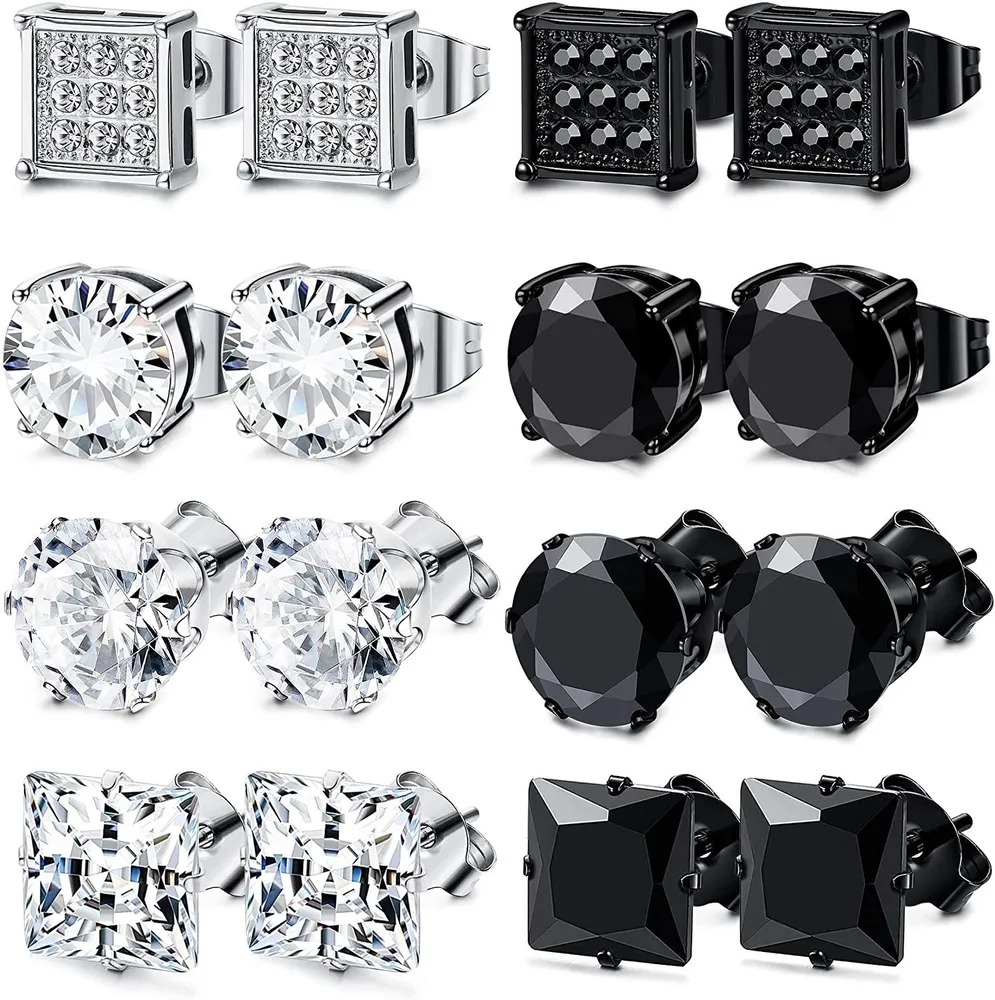 8 Pairs Stainless Steel Stud Earrings for Men Women Square CZ Earrings; 6MM - Grocery
