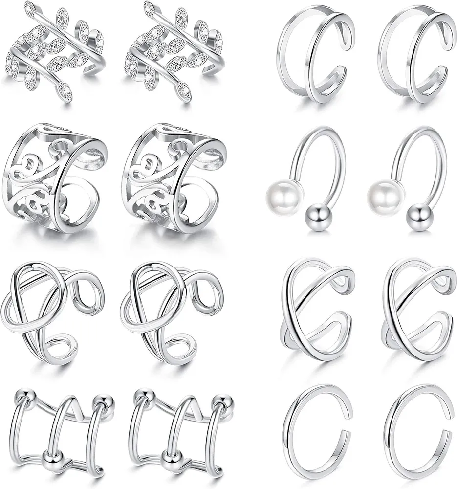 8 Pairs Ear Cuff for Women Men Helix Cartilage Conch Wrap Ear Piercing Non Piercing Fake Clip On Earrings Adjustable Tone - Grocery