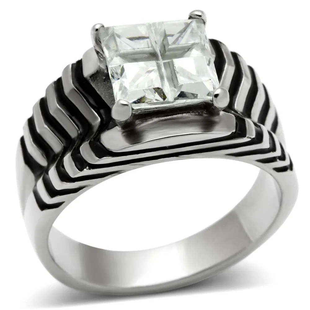 TK393 - High polished (no plating) Stainless Steel Ring with AAA Grade CZ in Clear - Grocery