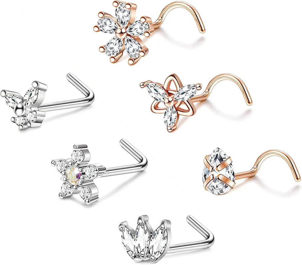 6PCS 20G Stainless Nose Ring Studs for Women Men CZ Flower Butterfly Nose Stud L-Shaped Screw Nose Ring Piercing Jewelry for Women - Grocery