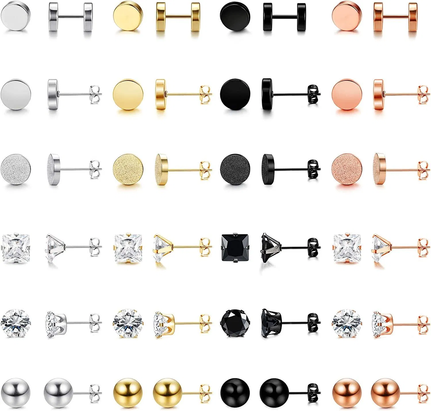24 Pairs 316L Stainless Steel Stud Earrings for Men Women Ear Piercing Classical Round Squraz CZ Ball Matte Tunnel Stud Earrings Set - Grocery