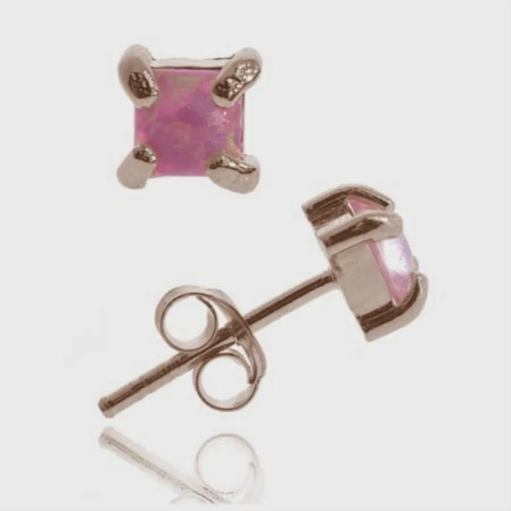 18K Rose Gold over Sterling Silver Pink Opal Square Stud Earrings, 4mm - Grocery