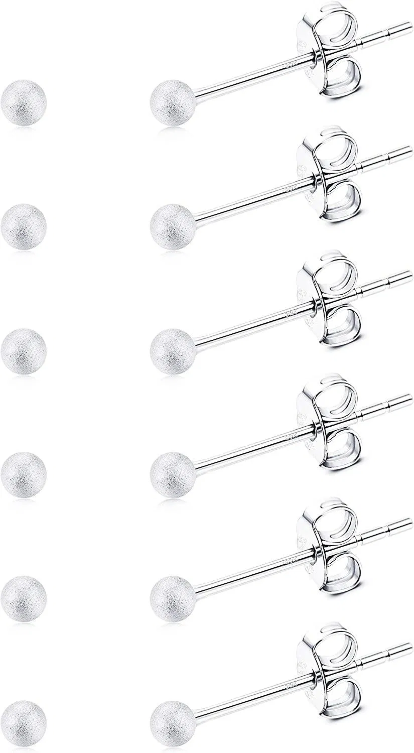 6 Pairs Sterling Tiny Stud Earrings for Women Men Shiny and Matt Round Ball Earring Set; 2.5mm - Grocery