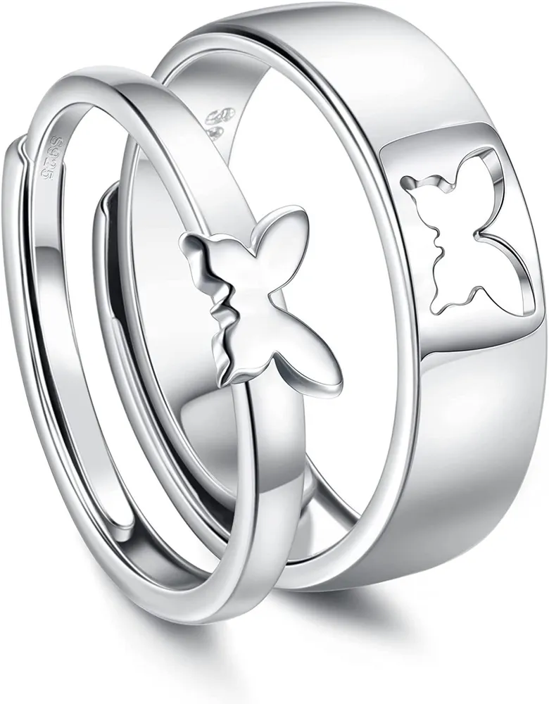 925 Sterling Silver Couple Rings for Women Men Adjustable Butterfly Heart Ring Matching Promise Ring Anniversary Wedding Jewellery Couples Gifts - Grocery