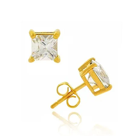 18K Gold over Sterling Silver 5mm Square CZ Stud Earrings - Grocery