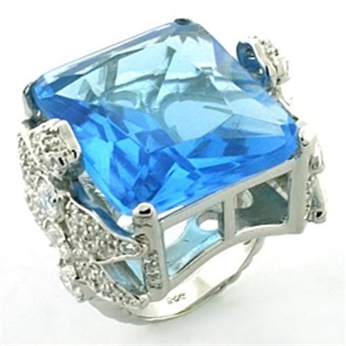 LOA646 - Rhodium 925 Sterling Silver Ring with Synthetic Synthetic Glass in Sea Blue - Grocery