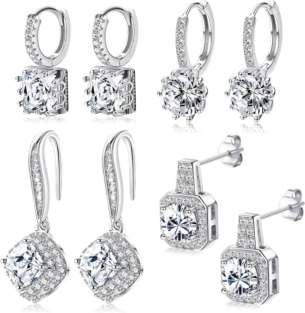 4Pairs Cubic Zirconia Stud Dangle Earrings Set for Women Square Round Purple Green Blue Hook Drop Earrings Set Wedding Engagement Earrings Colorful - Grocery