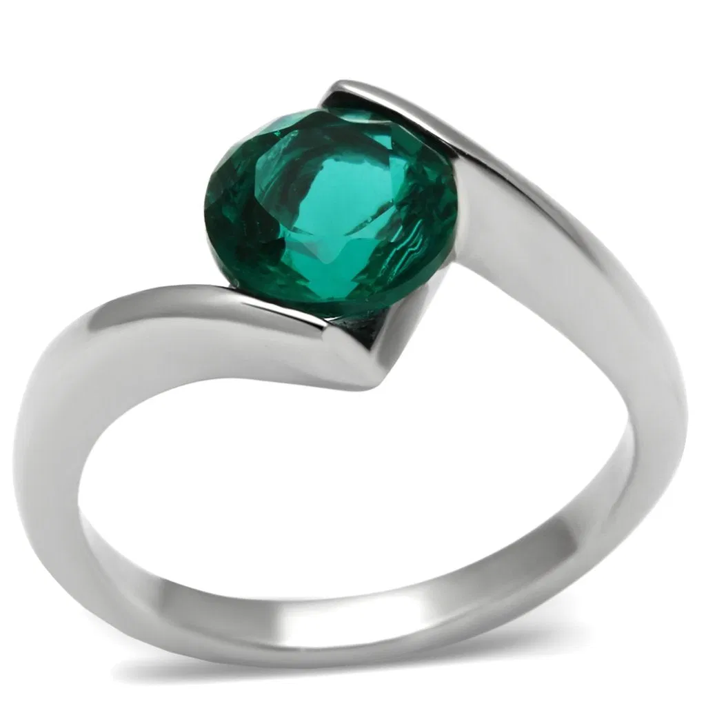 TK523 - High polished (no plating) Stainless Steel Ring with Synthetic Synthetic Glass in Blue Zircon - Grocery