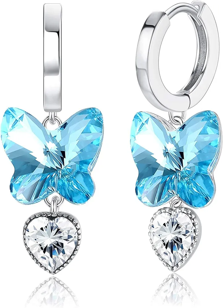 Butterfly Dangle Hoop Earrings White Gold Plated Huggie Hoop Earrings with Charm for Women Sparkling Austrian Crystal Christmas Birthday with Box - Grocery