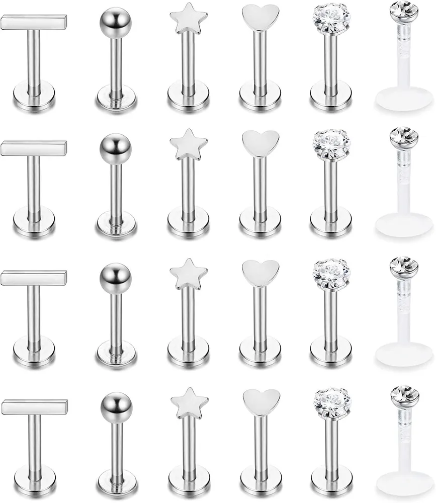 24PCS 16G 316L Stainless Labret Monroe Lip Ring Studs CZ Ball Heart Star Bar Clear Bioflex Cartilage Helix Tragus Nose Stud Piercing 8MM - Grocery
