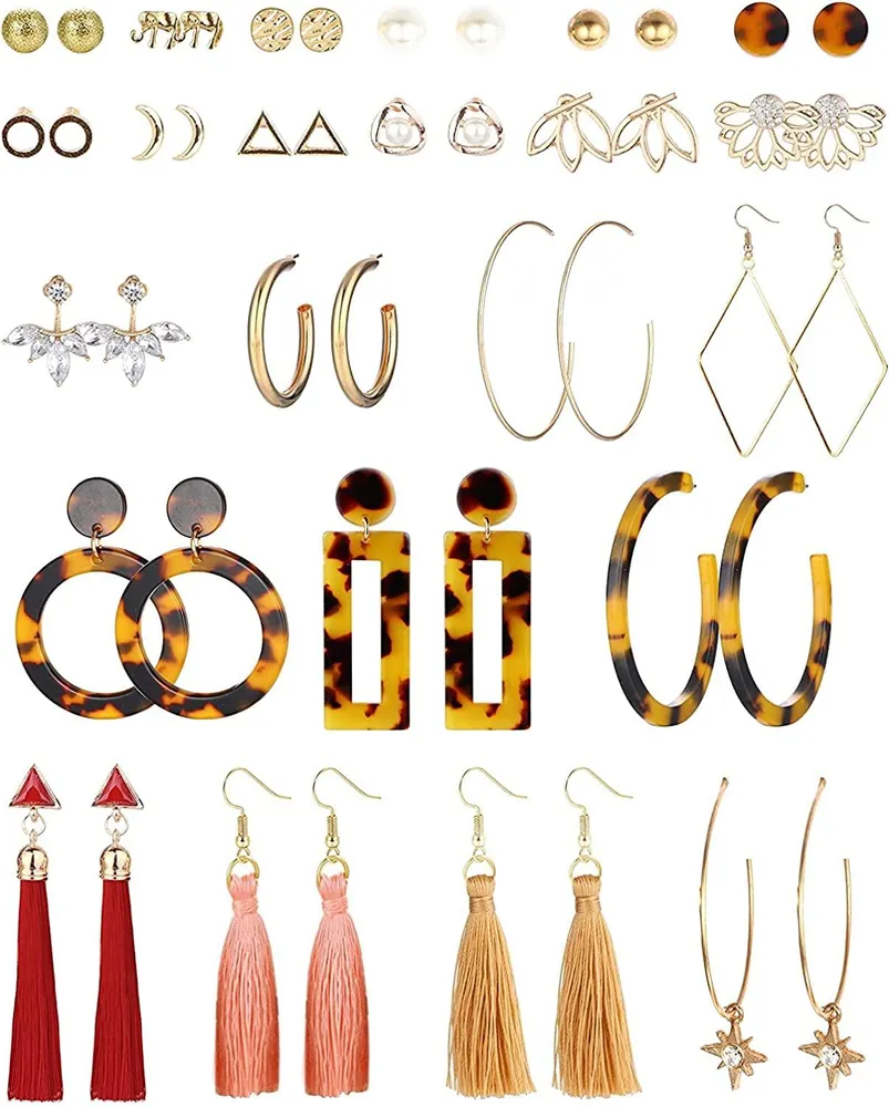 22Pairs Fashion Earrings Set for Women Bohemian Tassel Drop Dangle Earrings Acrylic Leopard Statement Hoop Earrings Ball Stud Earrings - Grocery