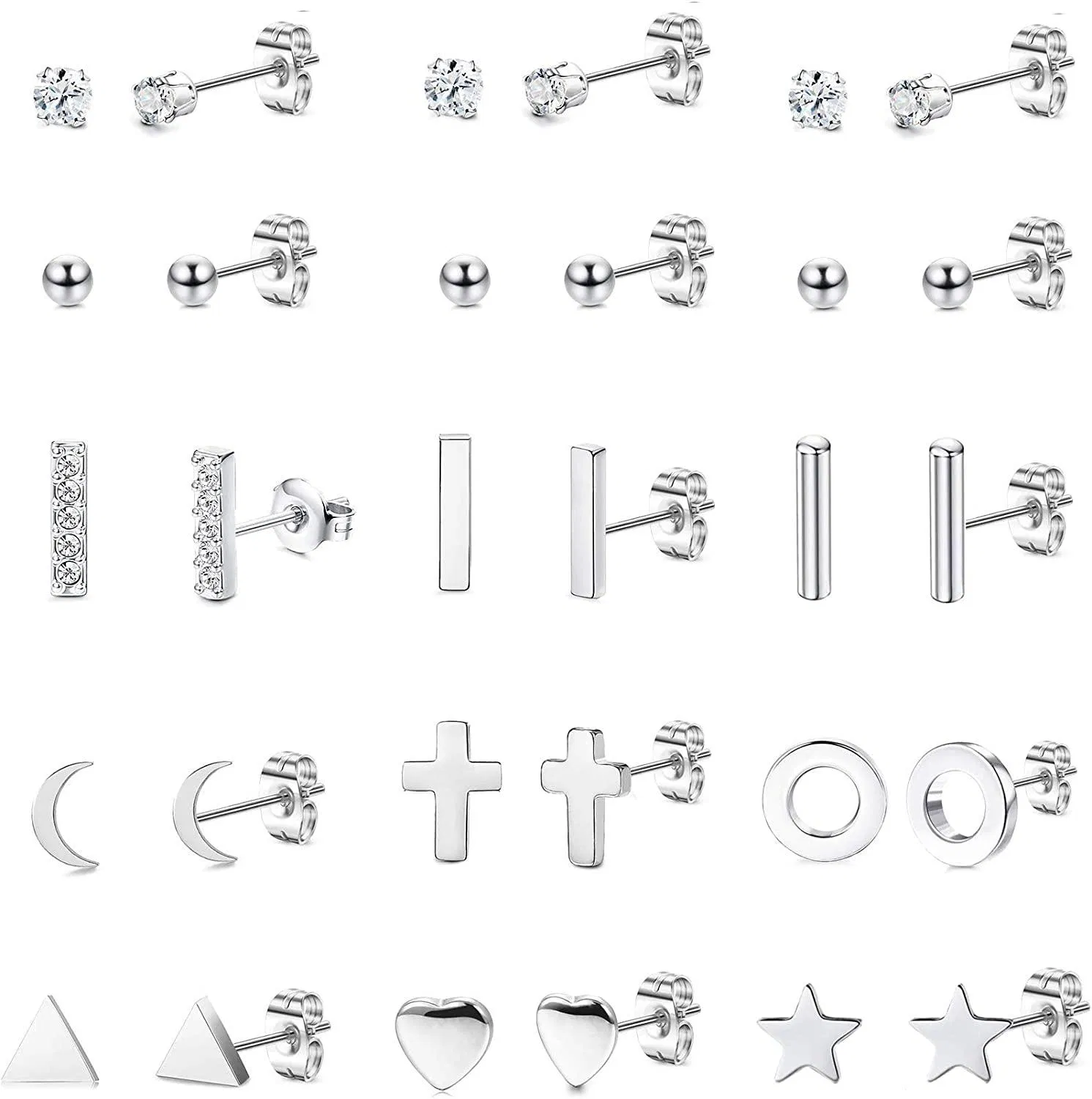 15 Pairs Bar triangle Star Heart Stud Earrings for Women Cute 2MM CZ Stainless Stud Earring Set - Grocery