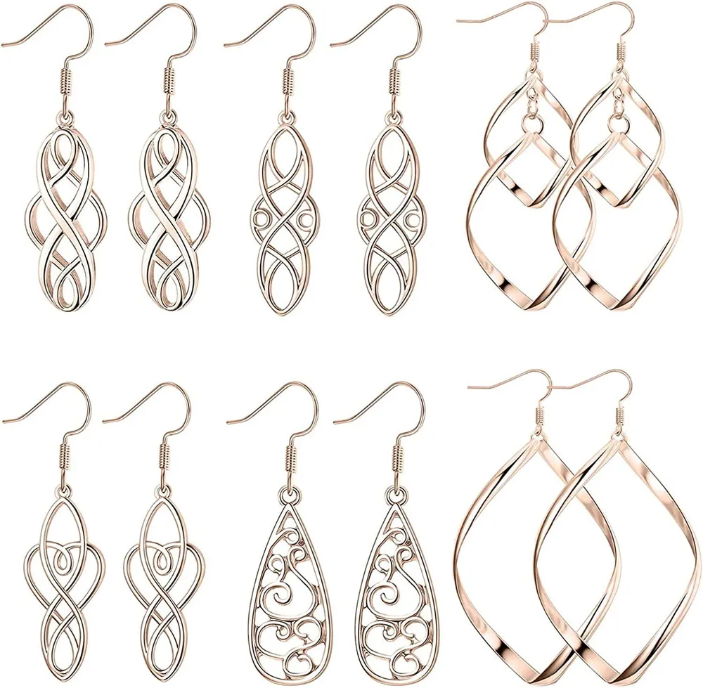 6 Pairs Celtic Knot Dangle Earrings for Women Irish Twist Wave Filigree Teardrop Double Linear Drop Earring Set - Grocery