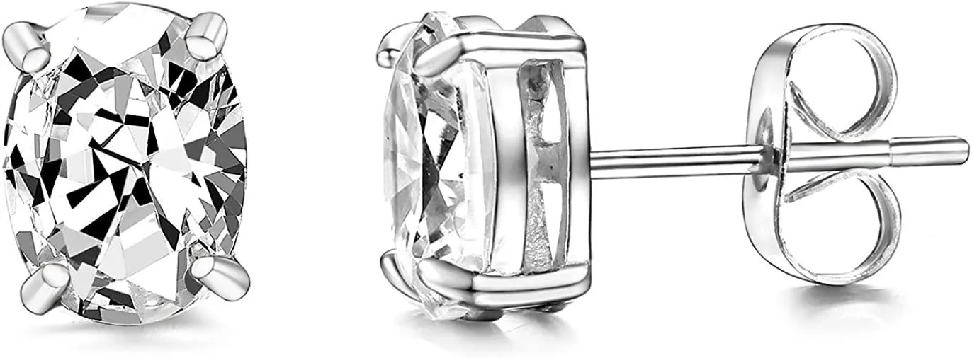 3 Pairs Stainless Women Oval CZ Stud Earrings for Men Ear Piercing - Grocery