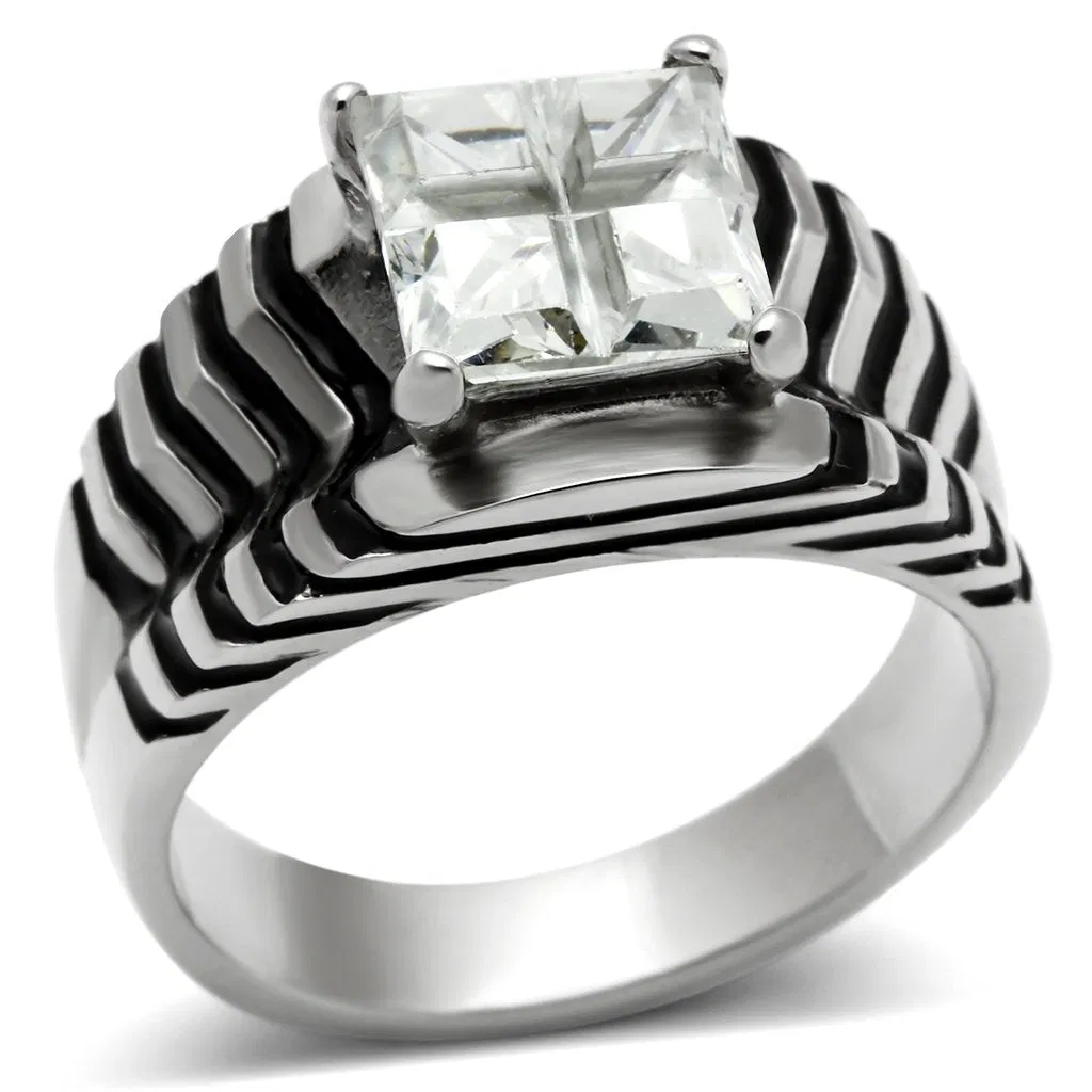 TK393 - High polished (no plating) Stainless Steel Ring with AAA Grade CZ in Clear - Grocery