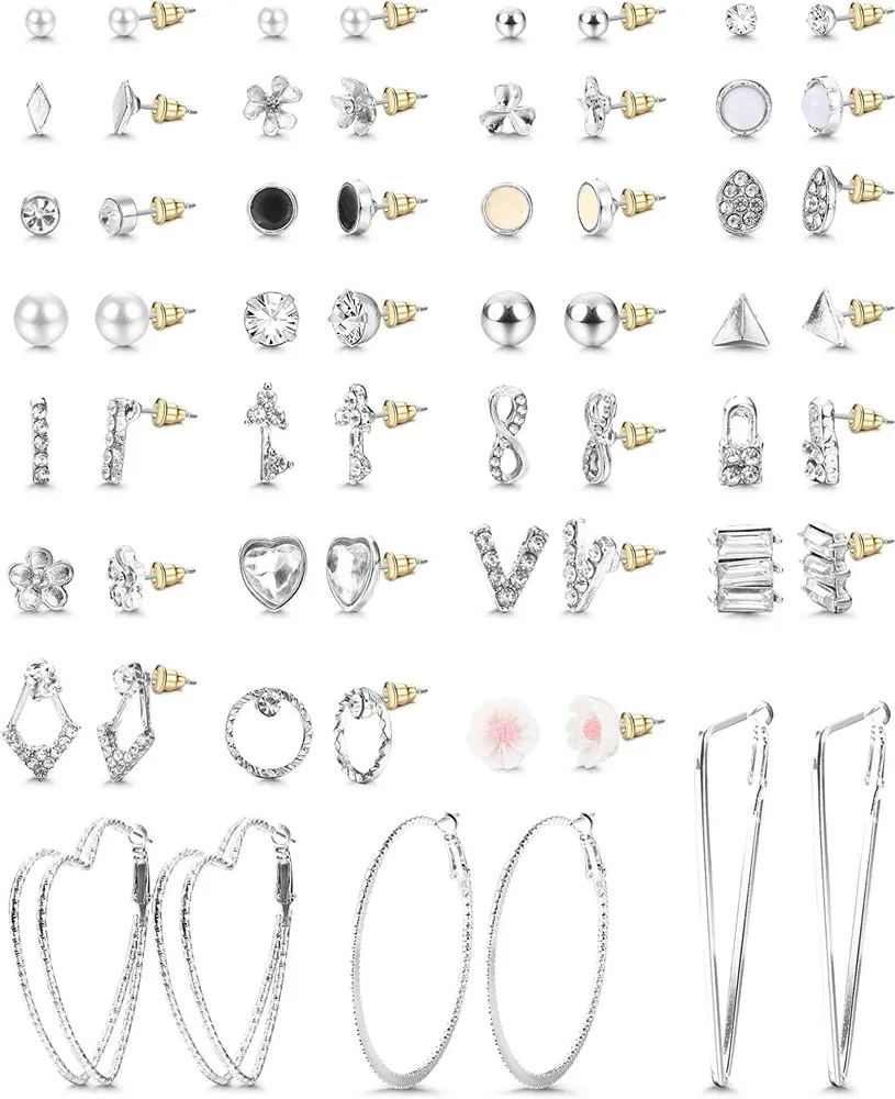 30 Pairs Assorted Multiple Stud Earrings for Women Men Crystal Faux Pearl Butterfly Geometric Simple Cute Big Hoop Statement Earrings Set - Grocery