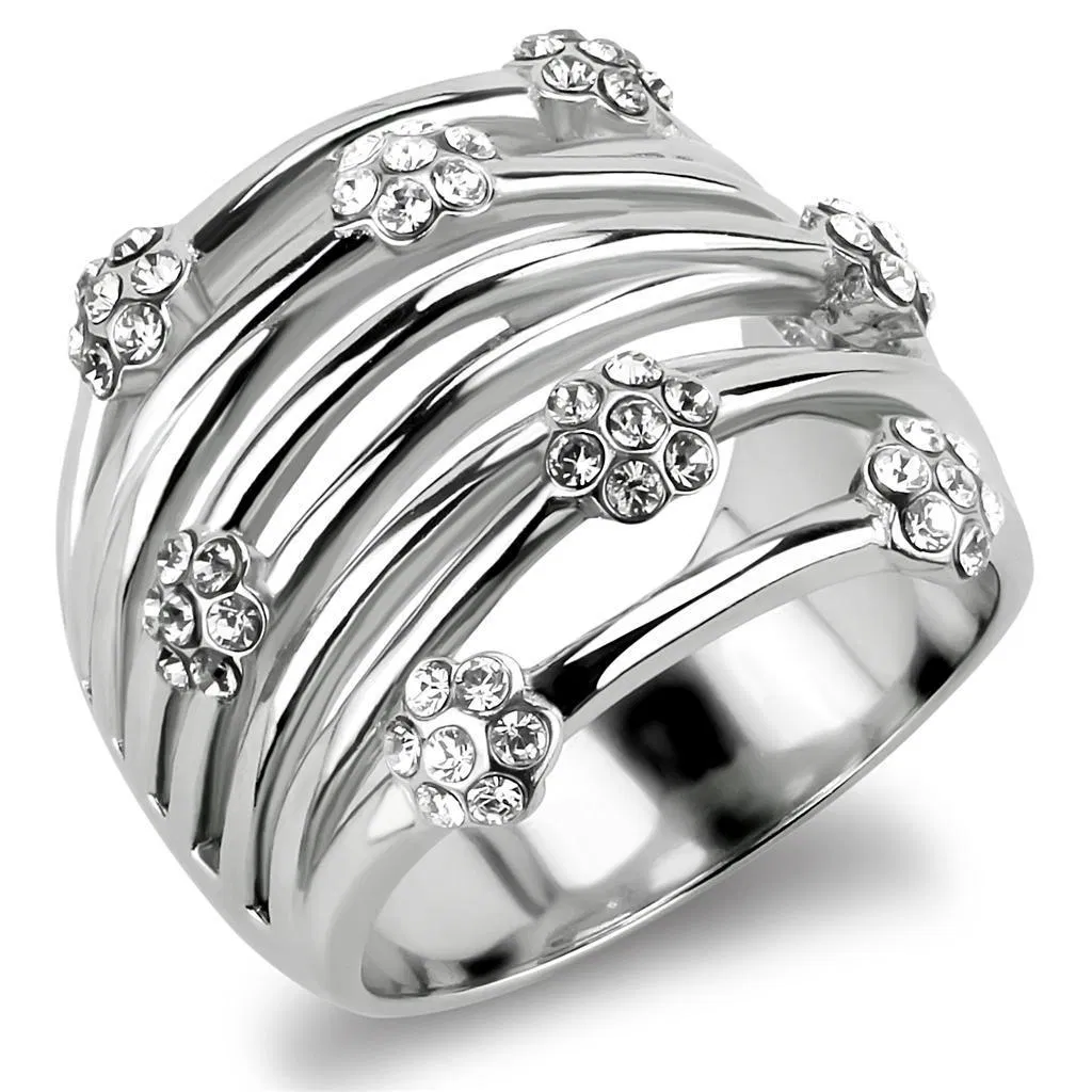TK1372 - High polished (no plating) Stainless Steel Ring with Top Grade Crystal in Clear - Grocery