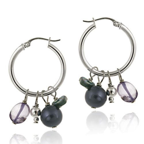 Sterling Silver Beads, Swarovski Pearls, Abalone & Amethyst Chips Hoop Earrings - Grocery
