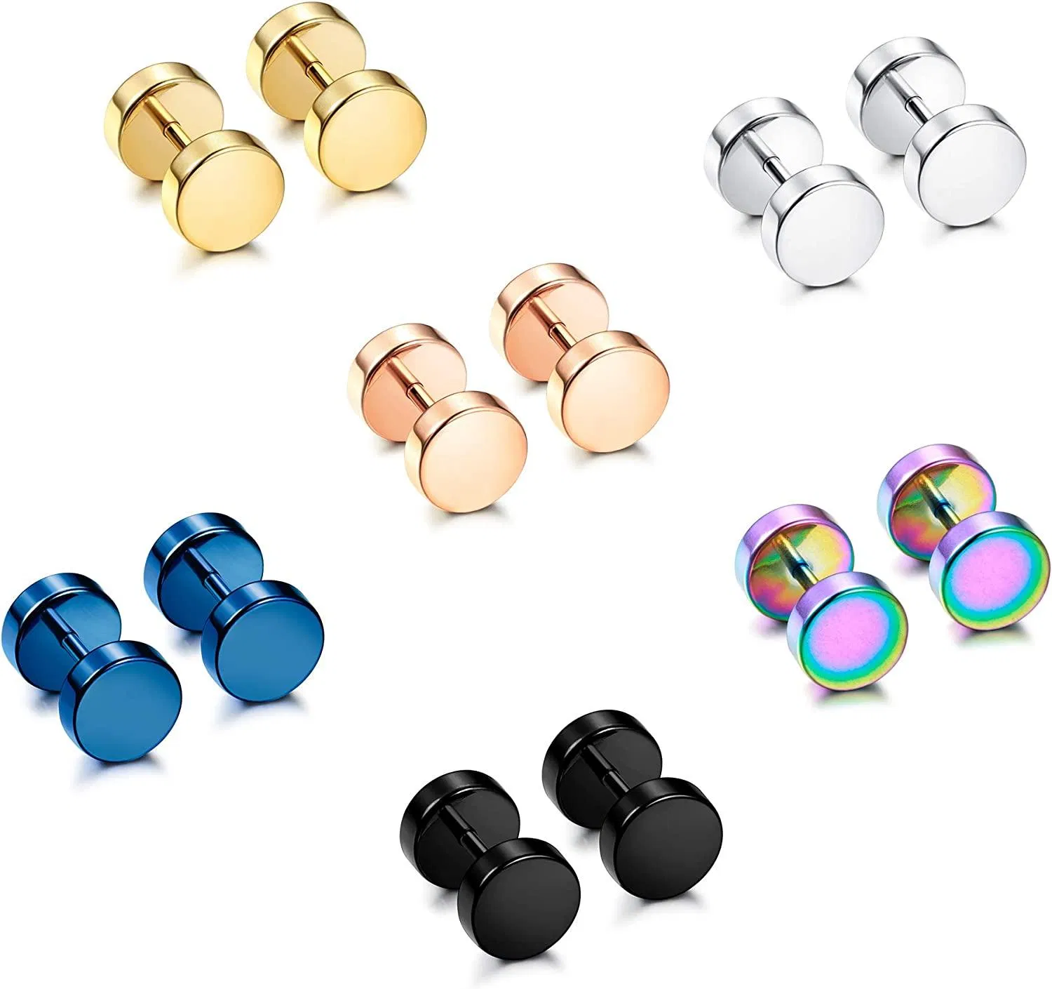 6 Pairs Stainless Men Earrings Studs Ear Piercing Plugs Tunnel Screw Design Fake Gauges Earrings Flat Back Stud Earring Set for Men Women - Grocery