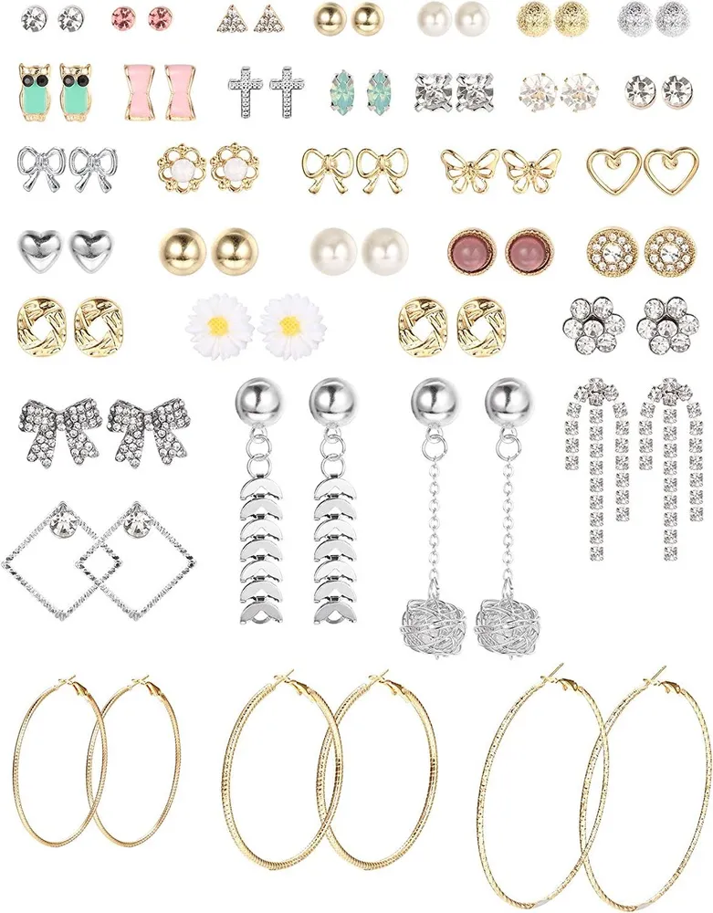 36 Pairs Assorted Stainless Stud Earrings Hoops Dangle Multiple Earrings for Women Simple Cute Vintage Womens Jewelry Set - Grocery