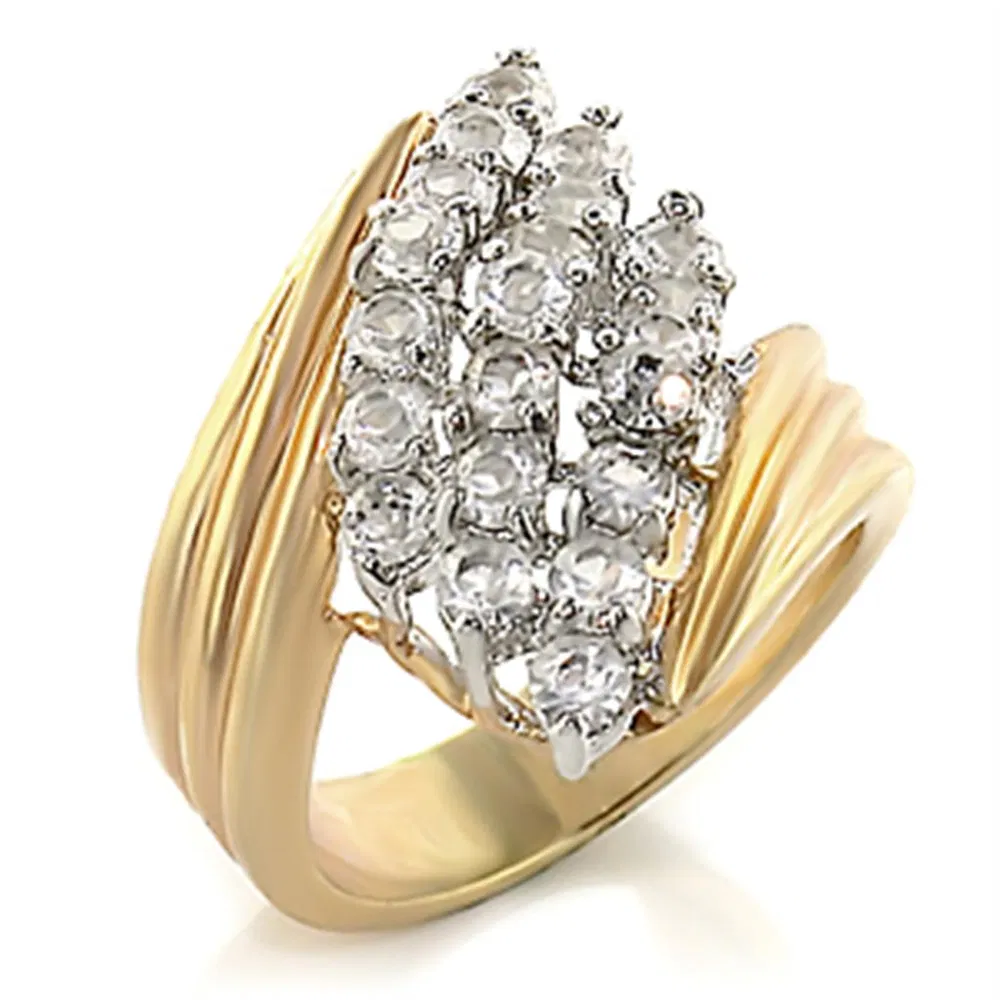 2W029 - Gold+Rhodium Brass Ring with AAA Grade CZ in Clear - Grocery