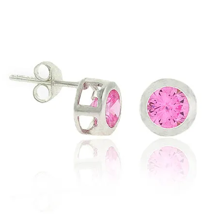 Sterling Silver Pink CZ Round 7mm Stud Earrings - Grocery