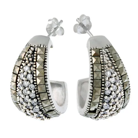 Sterling Silver Marcasite & CZ Half Hoop Earrings - Grocery
