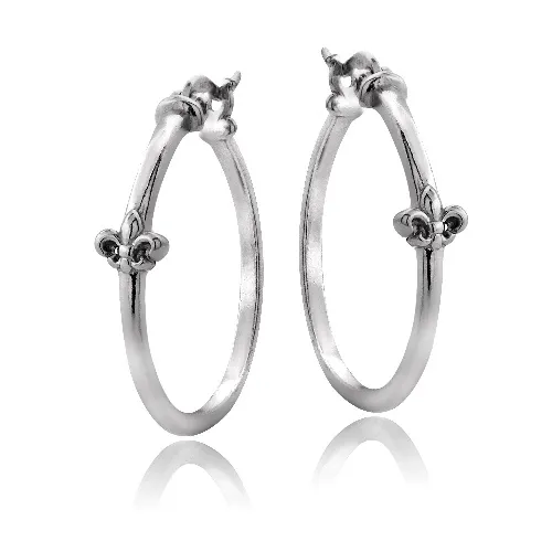 Sterling Silver Fleur de Lis Polished Hoop Earrings - Grocery