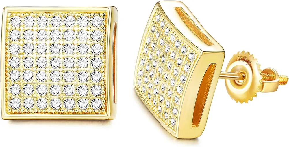 14K Gold Plated Iced Out Large Square Stud Earrings with 925 Sterling Silver Screw Back for Men Women Cubic Zirconia Hip Hop Jewelry - Grocery