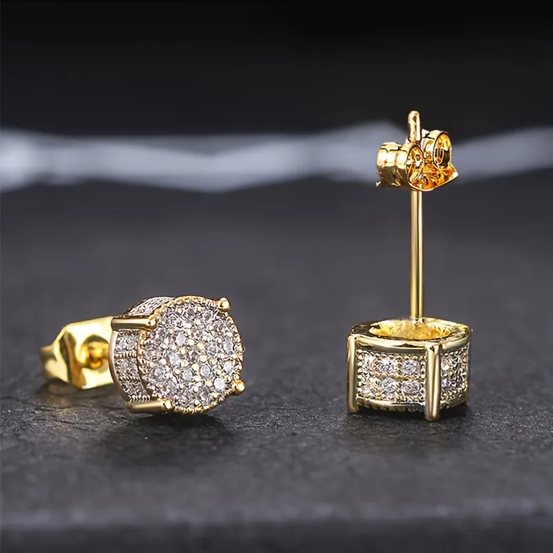 Fancy Round Shaped Stud Earrings Paved Shiny CZ Stone Silver Color/Golden Everyday Fashion Versatile Ear Jewelry For Men & Women - Grocery