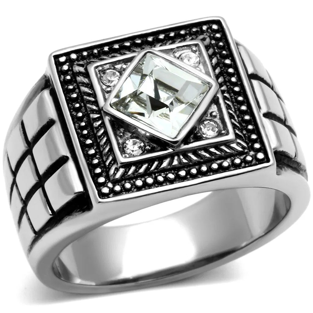 TK589 - High polished (no plating) Stainless Steel Ring with Top Grade Crystal in Clear - Grocery