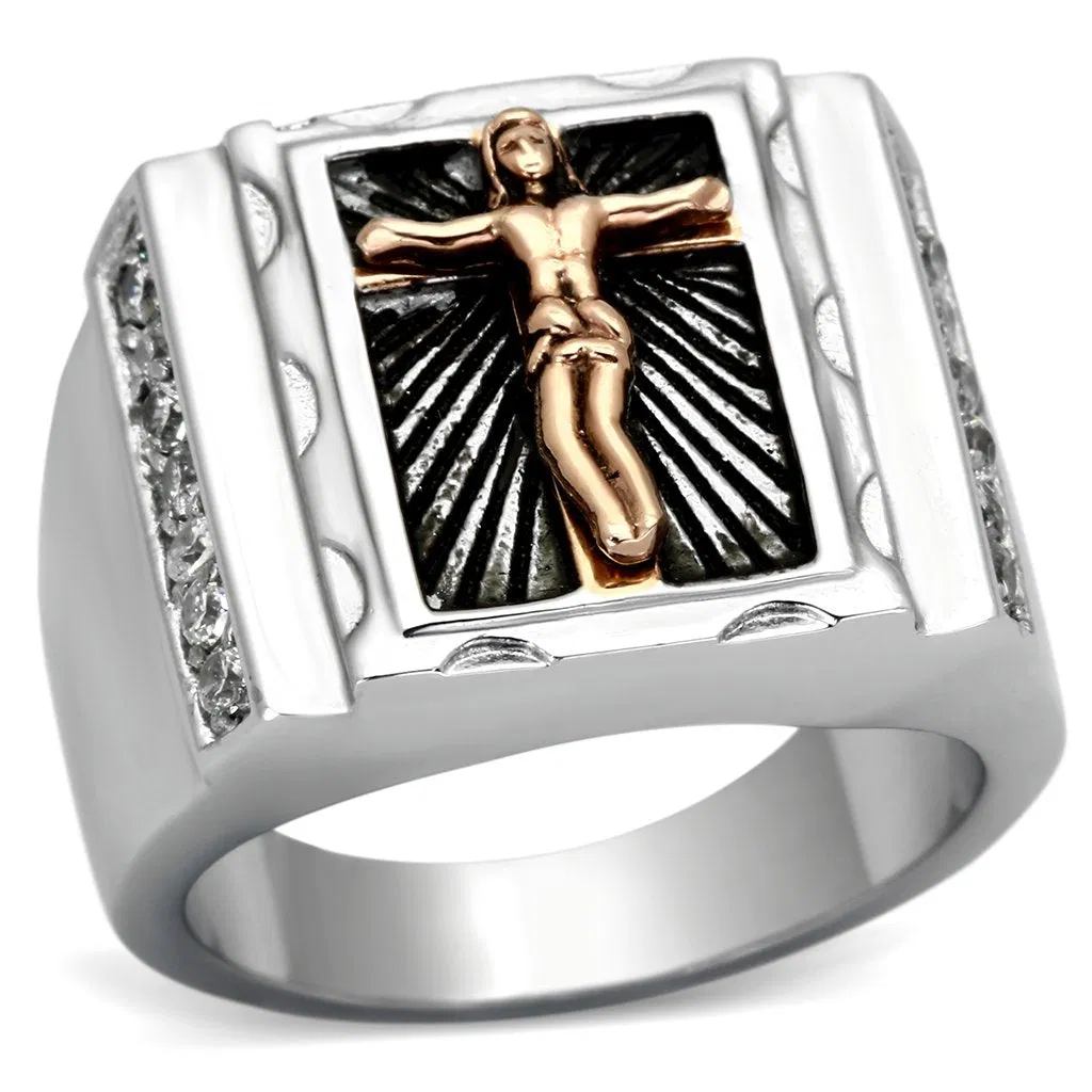 TK951 - Two-Tone IP Rose Gold Stainless Steel Ring with AAA Grade CZ in Clear - Grocery