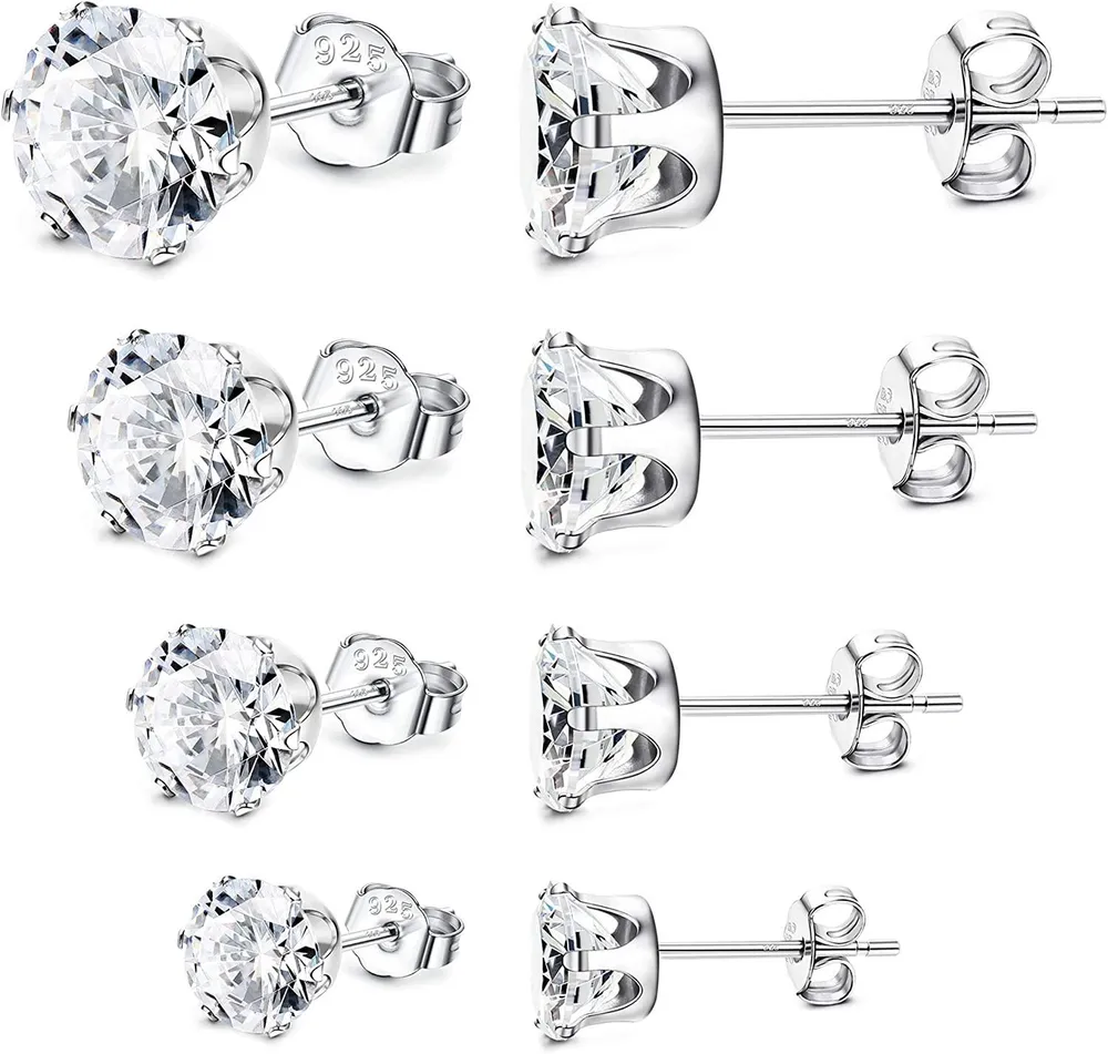 4Pairs 18K Gold Plated Sterling Silver CZ Stud Earrings Set 6 Prongs Round Cut Simulated Diamond for Women Men - Grocery