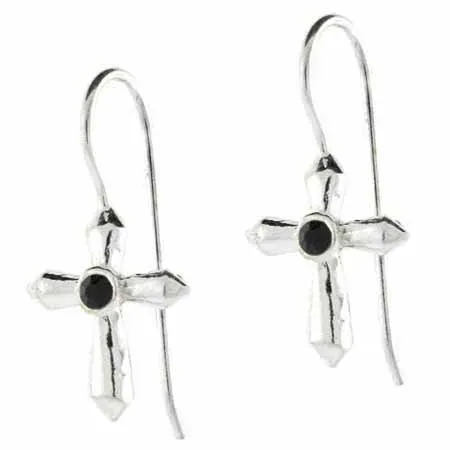 Silver Fish hook Cross Black stone Earrings - Grocery