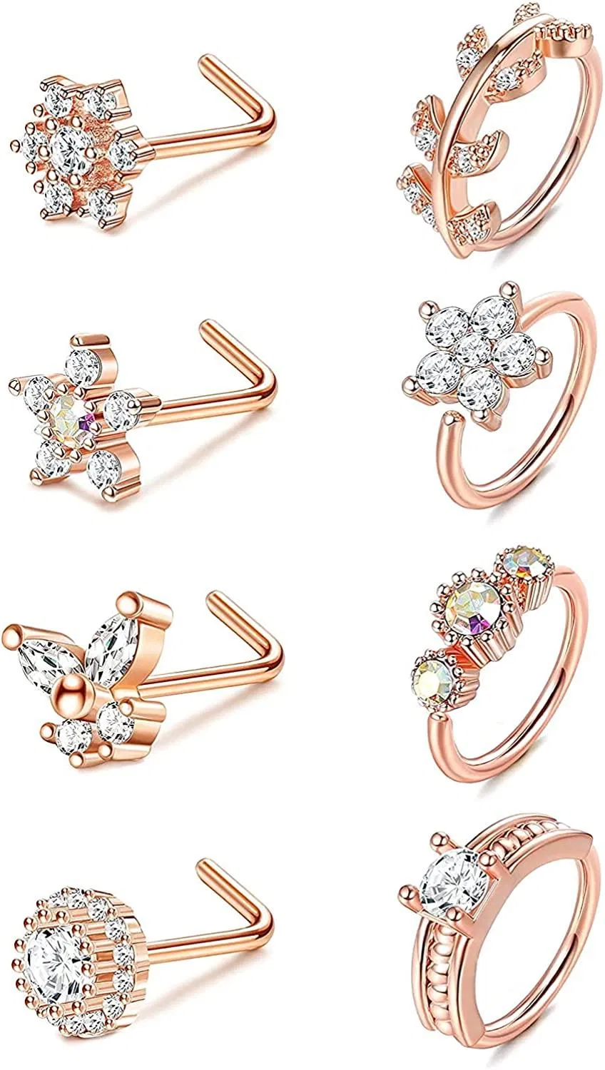 20G Flower Nose Rings Hoop Nose Rings for Women Men L Shaped Nose Rings Fake Nose Hoop Ring CZ Leaf Hoop Nose Piercing Butterfly Nose Stud Rings 8Pcs - Grocery