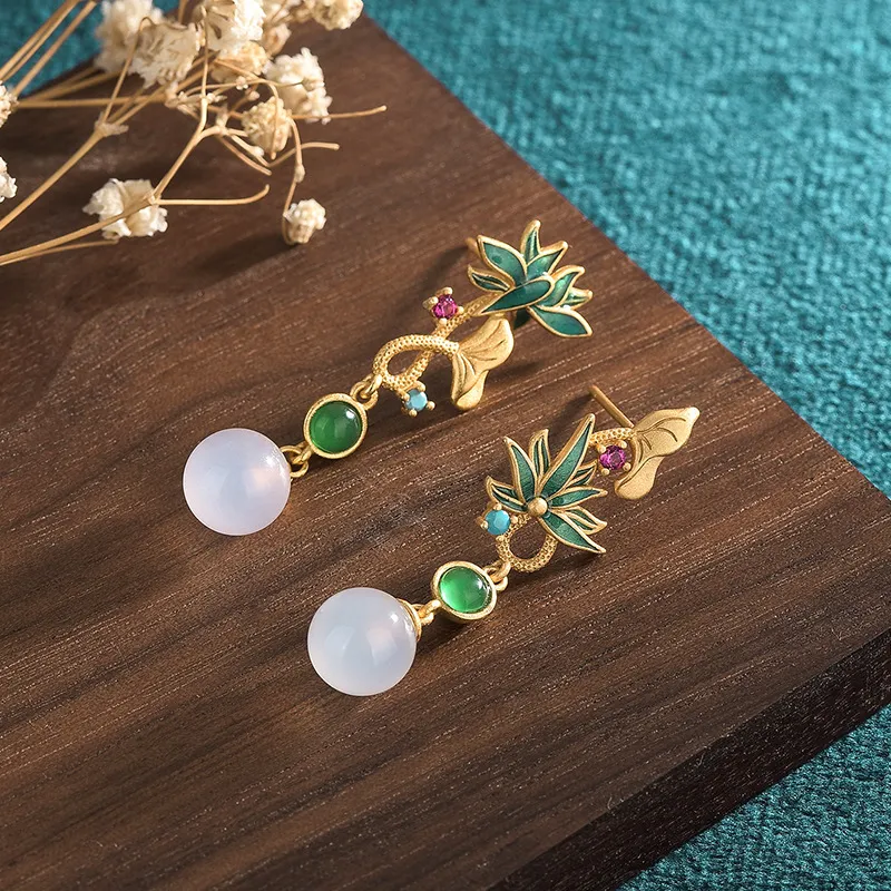 Creative Design Asymmetric Lotus Natural Chalcedony Earrings Retro Temperament With Ancient Costume Earrings - Grocery