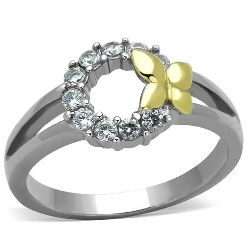 TK1434 - Two-Tone IP Gold (Ion Plating) Stainless Steel Ring with AAA Grade CZ in Clear - Grocery